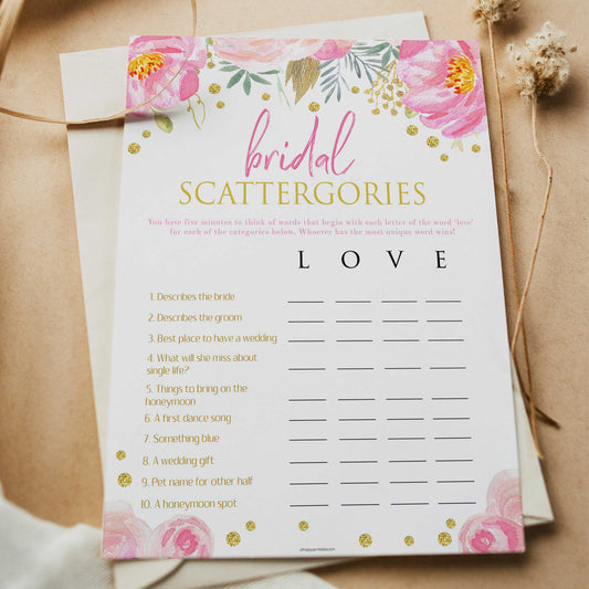 bridal scattergories game, printable bridal shower games, blush floral bridal shower games, fun bridal shower games