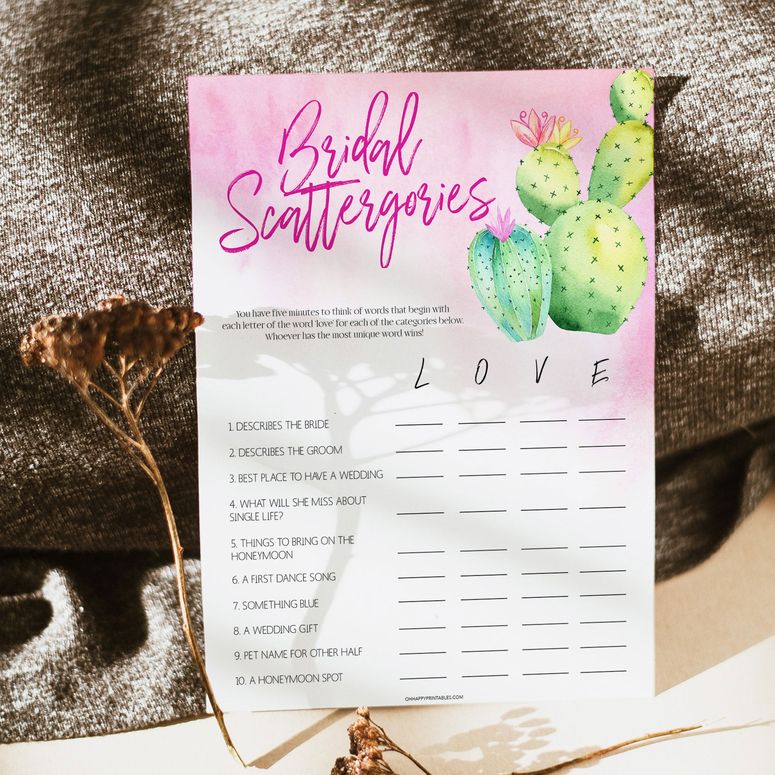Bridal shower game printable Bridal Scattergories, with a pink fiesta background and watercolour cactus design