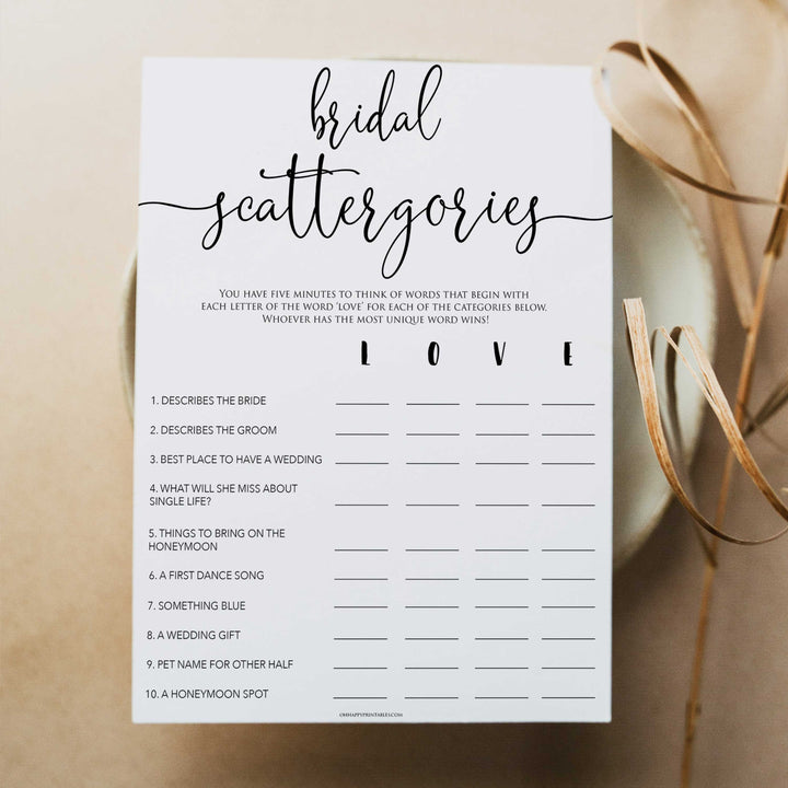 minimalist bridal shower games, bridal scattergories, bridal shower games bundle, printable bridal games, bridal shower games, how knows the bridal, top bridal shower games