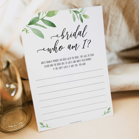 bridal who am I game, greenery bridal shower, fun bridal shower games, bachelorette party games, floral bridal games, hen party ideas