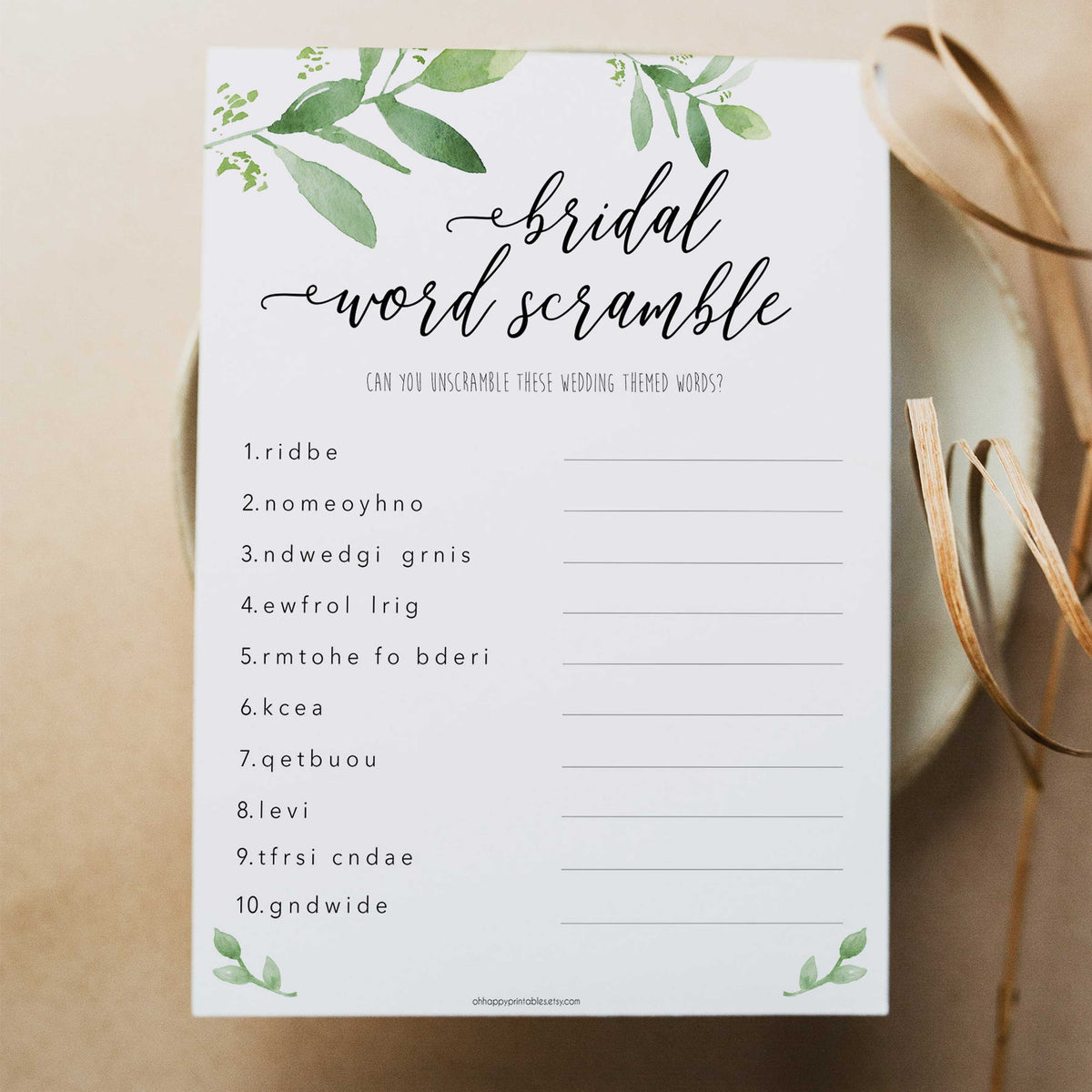 Bridal Word Scramble in Greenery | Shop Printable Bridal Shower Games – OhHappyPrintables bridal-word-scramble-in-greenery-shop-printable-bridal-shower-games-ohhappyprintables