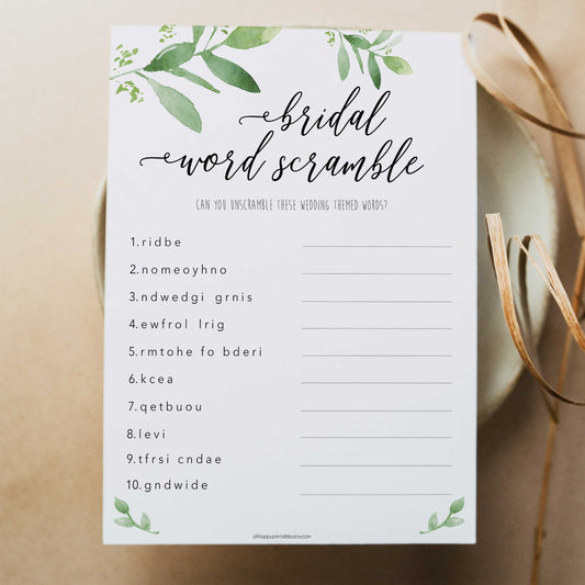 bridal word scramble game, greenery bridal shower, fun bridal shower games, bachelorette party games, floral bridal games, hen party ideas