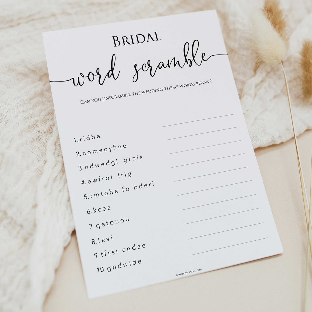 minimalist bridal shower games, bridal word scramble, bridal shower games bundle, printable bridal games, bridal shower games, how knows the bridal, top bridal shower games