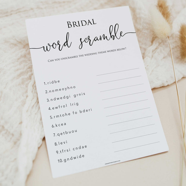 minimalist bridal shower games, bridal word scramble, bridal shower games bundle, printable bridal games, bridal shower games, how knows the bridal, top bridal shower games