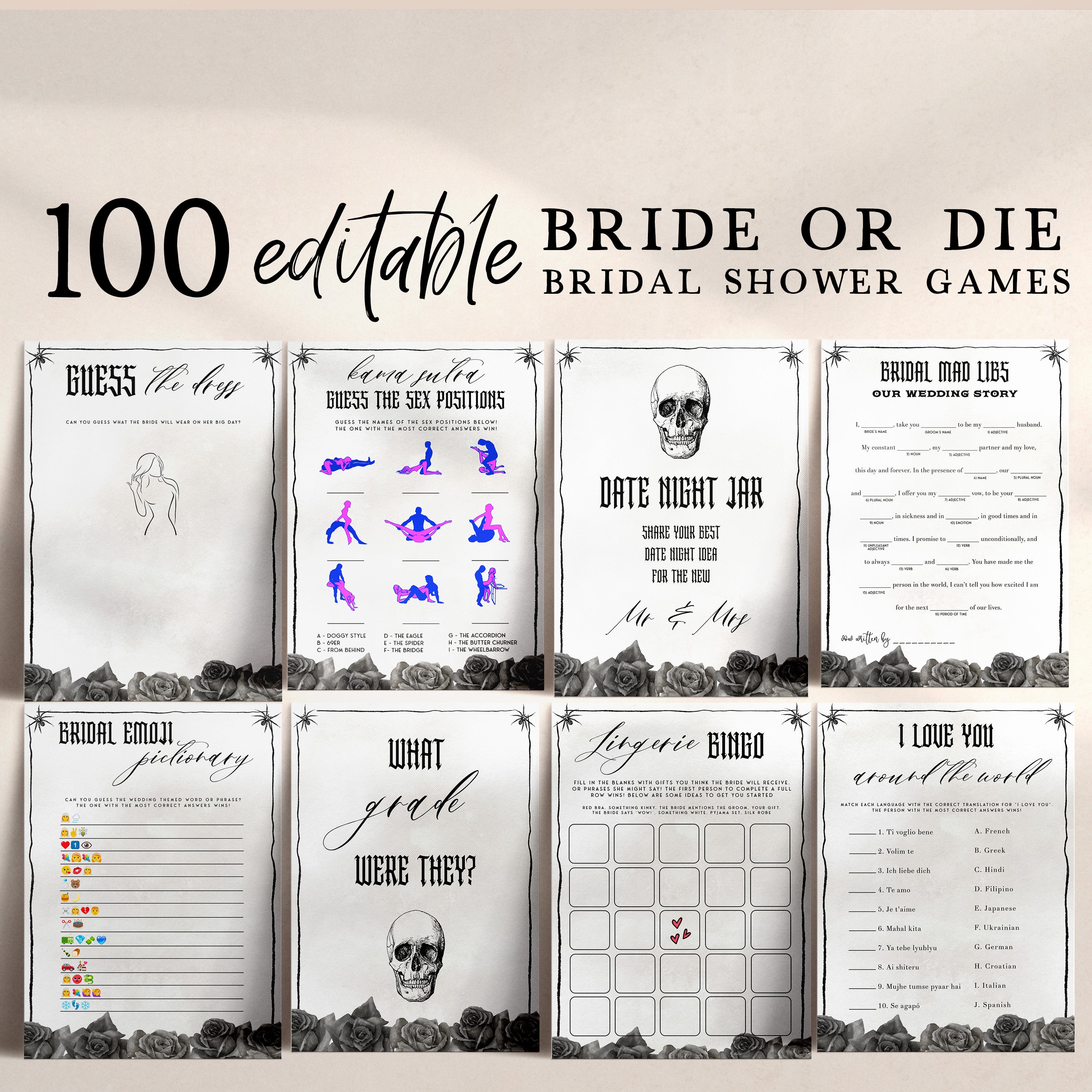 editable 100 bridal shower games, printable bridal shower games, palm springs bridal shower games, in a Bride or Die theme, fun bridal games