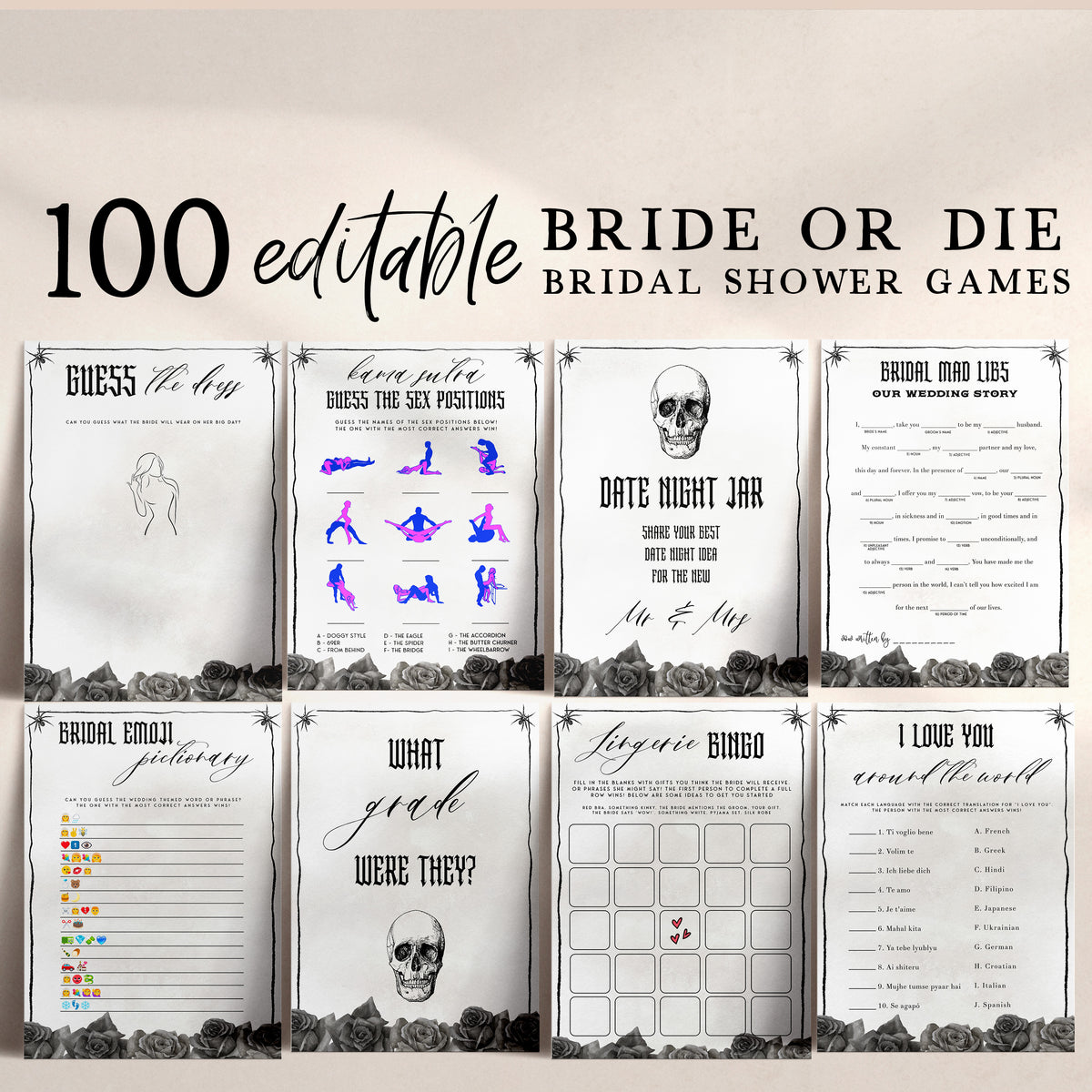 editable 100 bridal shower games, printable bridal shower games, palm springs bridal shower games, in a Bride or Die theme, fun bridal games