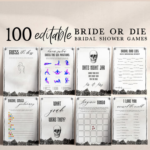 editable 100 bridal shower games, printable bridal shower games, palm springs bridal shower games, in a Bride or Die theme, fun bridal games
