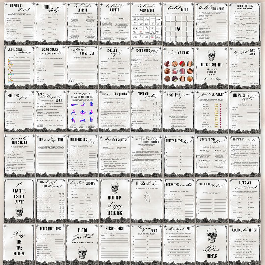 editable 100 bridal shower games, printable bridal shower games, palm springs bridal shower games, in a Bride or Die theme, fun bridal games