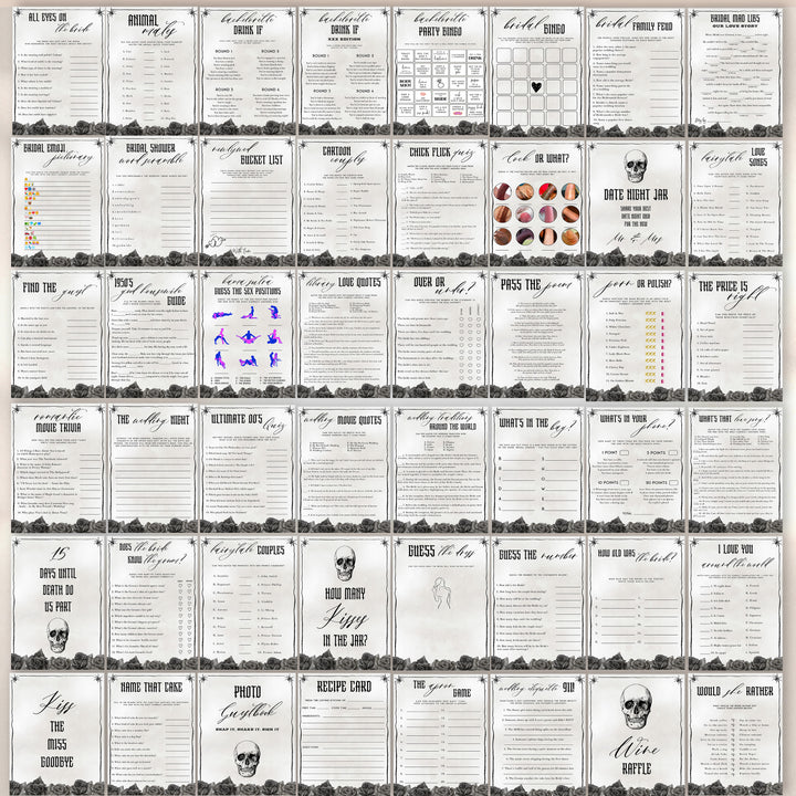 editable 100 bridal shower games, printable bridal shower games, palm springs bridal shower games, in a Bride or Die theme, fun bridal games