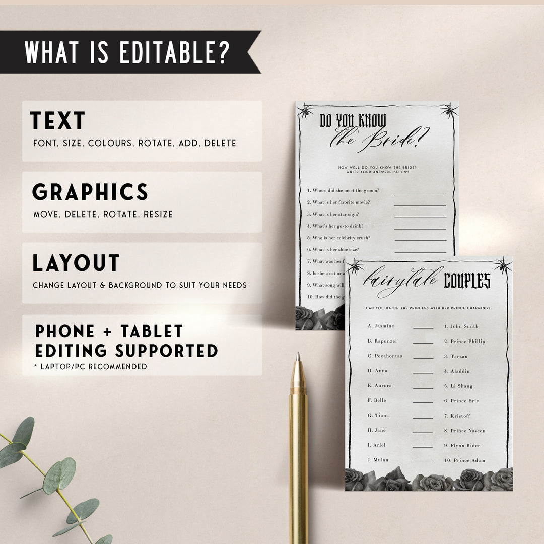 editable 100 bridal shower games, printable bridal shower games, palm springs bridal shower games, in a Bride or Die theme, fun bridal games