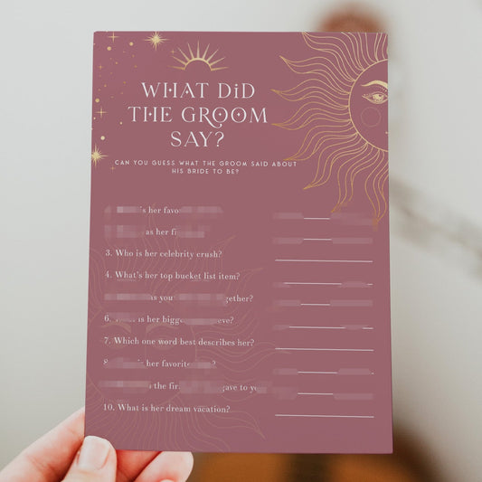 Fully editable and printable bridal shower what did the groom say game with a celestial design. Perfect for a celestial bridal shower themed party