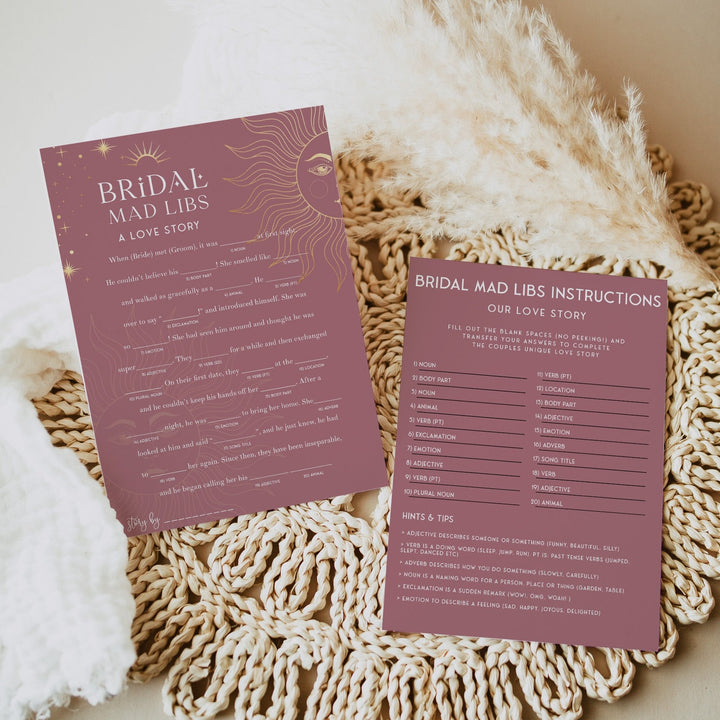 Fully editable and printable bridal shower mad libs game with a celestial design. Perfect for a celestial bridal shower themed party