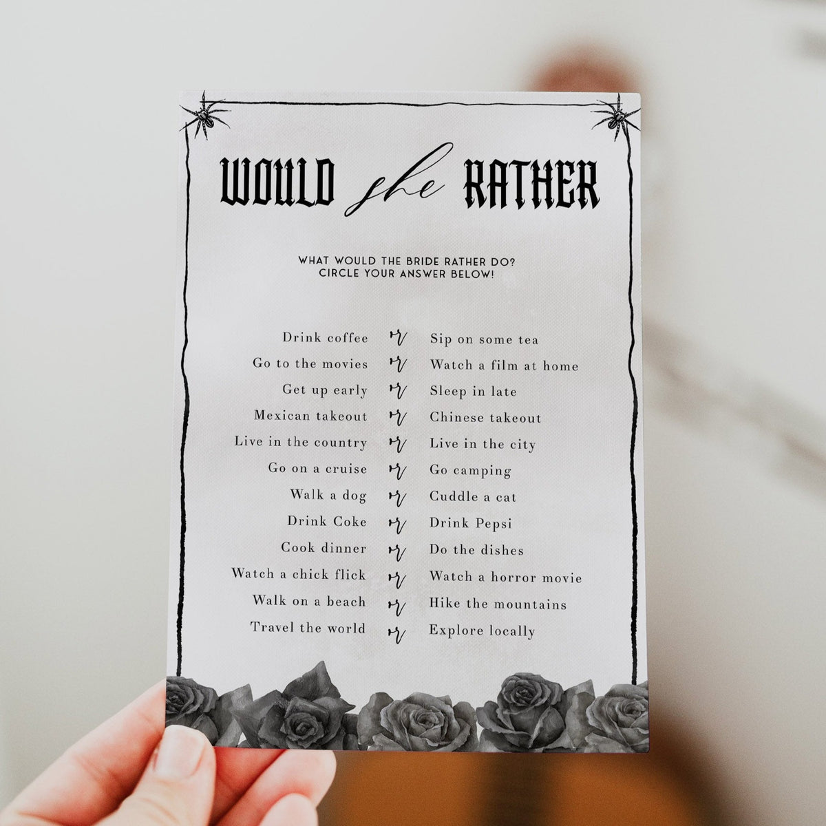Fully editable and printable bridal shower would she rather game with a gothic design. Perfect for a Bride or Die or Death Us To Party bridal shower themed party