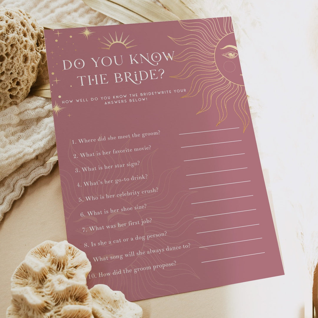 Fully editable and printable bridal shower do you know the bride game with a celestial design. Perfect for a celestial bridal shower themed party