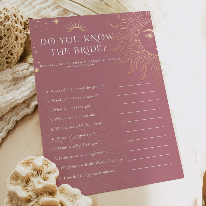 Fully editable and printable bridal shower do you know the bride game with a celestial design. Perfect for a celestial bridal shower themed party