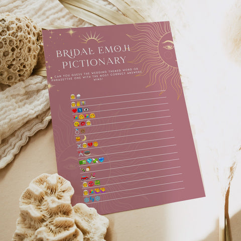 Fully editable and printable bridal shower emoji pictionary game with a celestial design. Perfect for a celestial bridal shower themed party