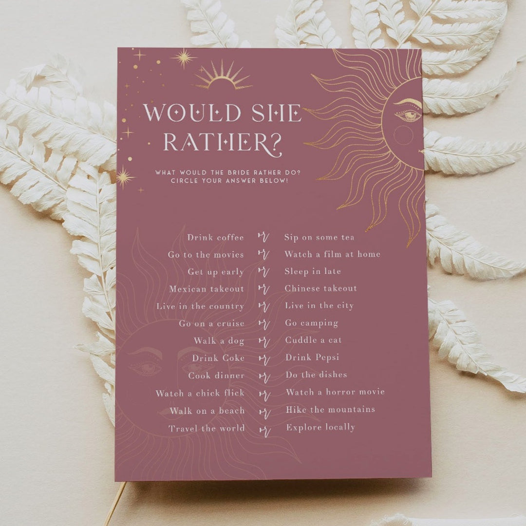 Fully editable and printable bridal shower would she rather game with a celestial design. Perfect for a celestial bridal shower themed party