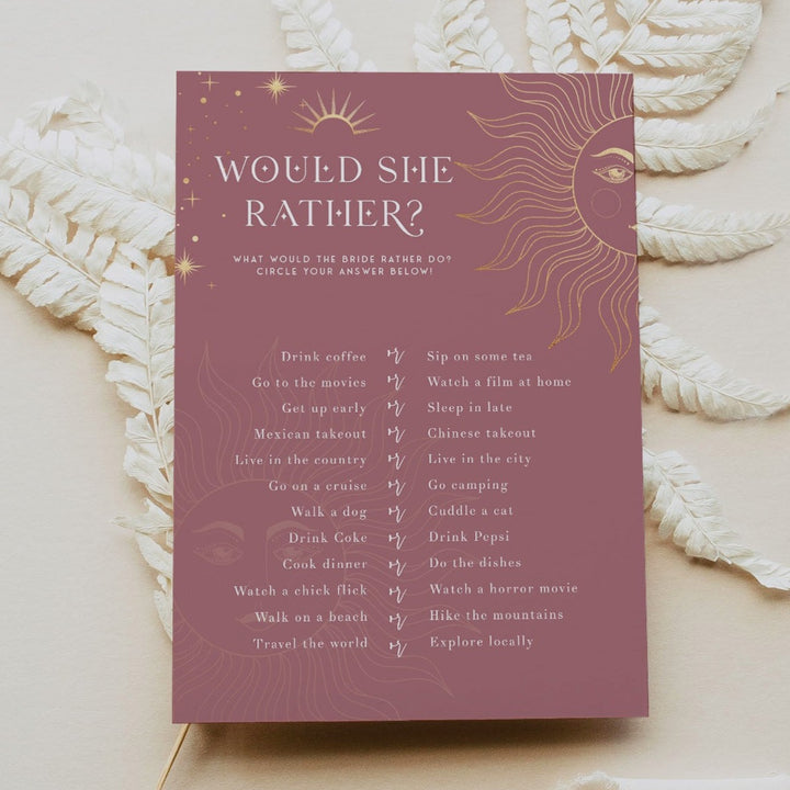 Fully editable and printable bridal shower would she rather game with a celestial design. Perfect for a celestial bridal shower themed party