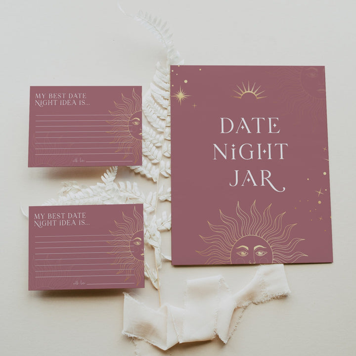 Fully editable and printable bridal shower date night jar game with a celestial design. Perfect for a celestial bridal shower themed party