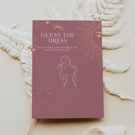 Fully editable and printable bridal shower guess the dress bride game with a celestial design. Perfect for a celestial bridal shower themed party