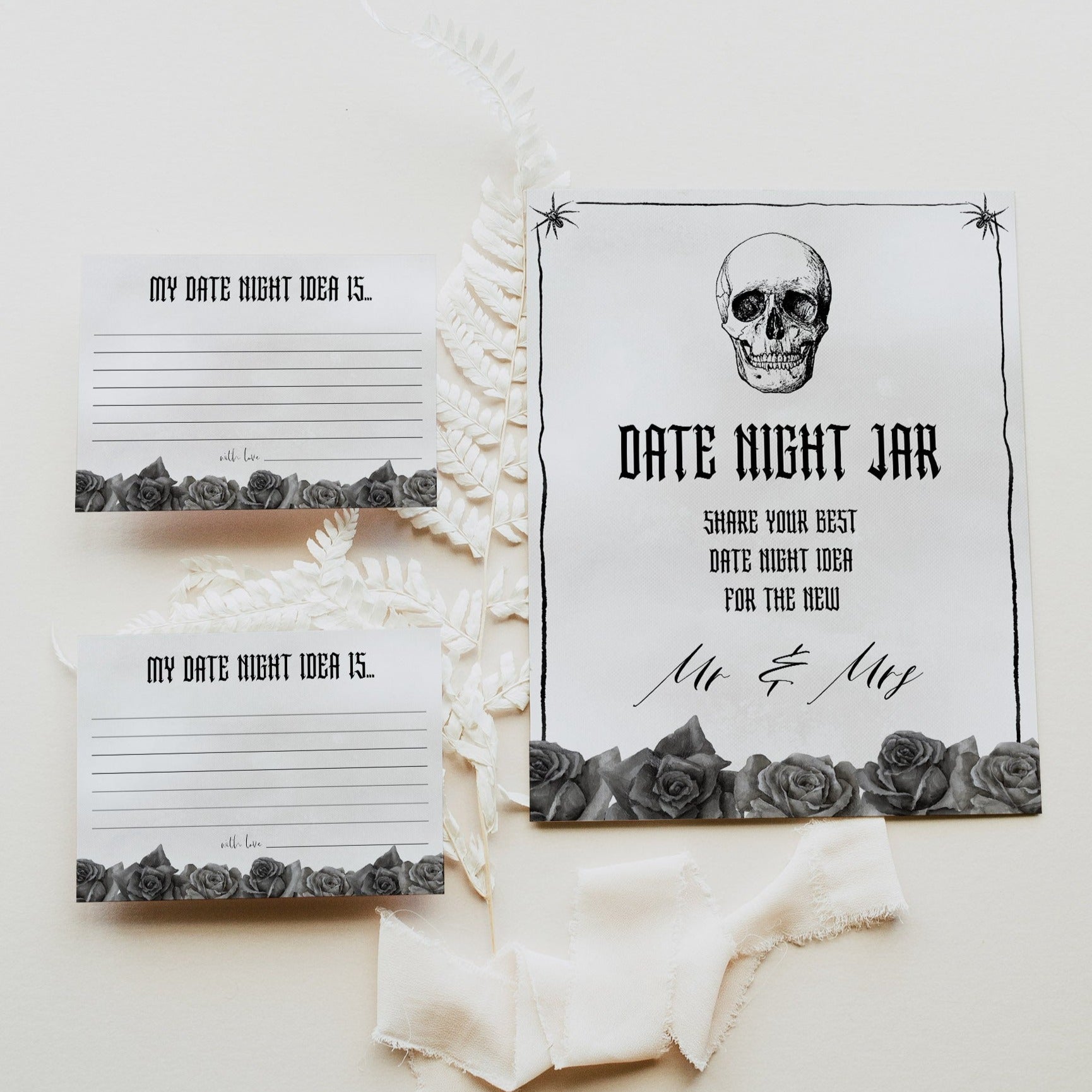 Fully editable and printable bridal shower date night jar game with a gothic design. Perfect for a Bride or Die or Death Us To Party bridal shower themed party