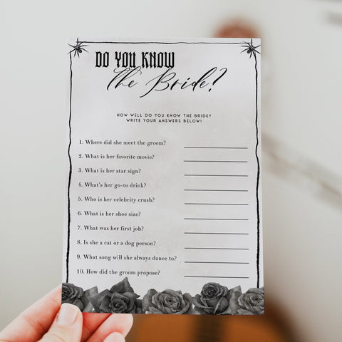 Fully editable and printable bridal shower do you know the bride game with a gothic design. Perfect for a Bride or Die or Death Us To Party bridal shower themed party