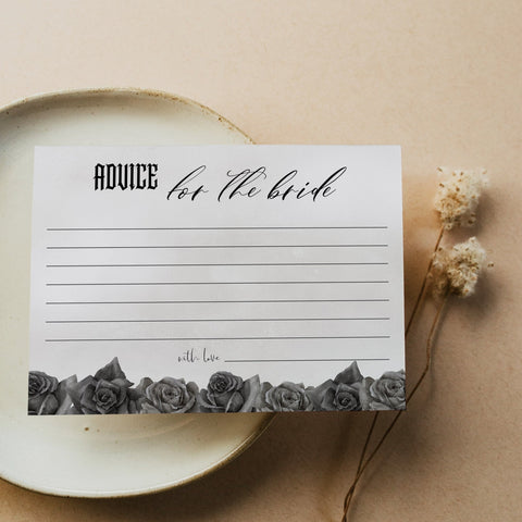 Fully editable and printable bridal shower advice for the bride game with a gothic design. Perfect for a Bride or Die or Death Us To Party bridal shower themed party