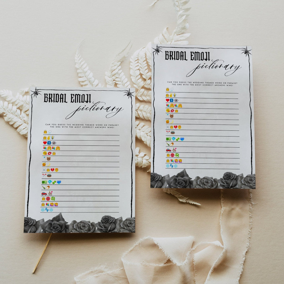 Fully editable and printable bridal emoji pictionary game with a gothic design. Perfect for a Bride or Die or Death Us To Party bridal shower themed party