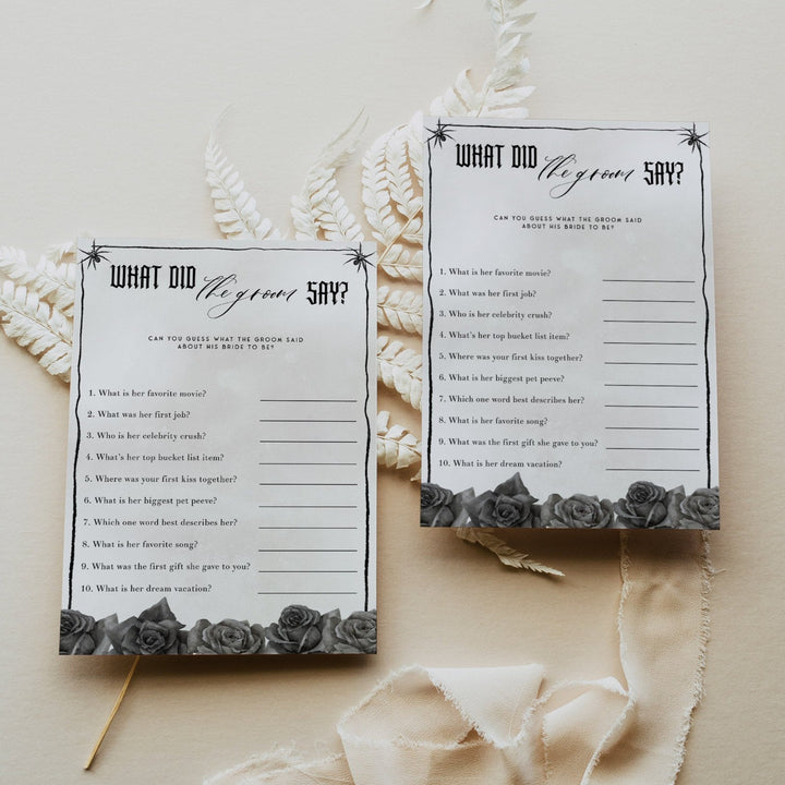 Fully editable and printable bridal shower what did the groom say game with a gothic design. Perfect for a Bride or Die or Death Us To Party bridal shower themed party