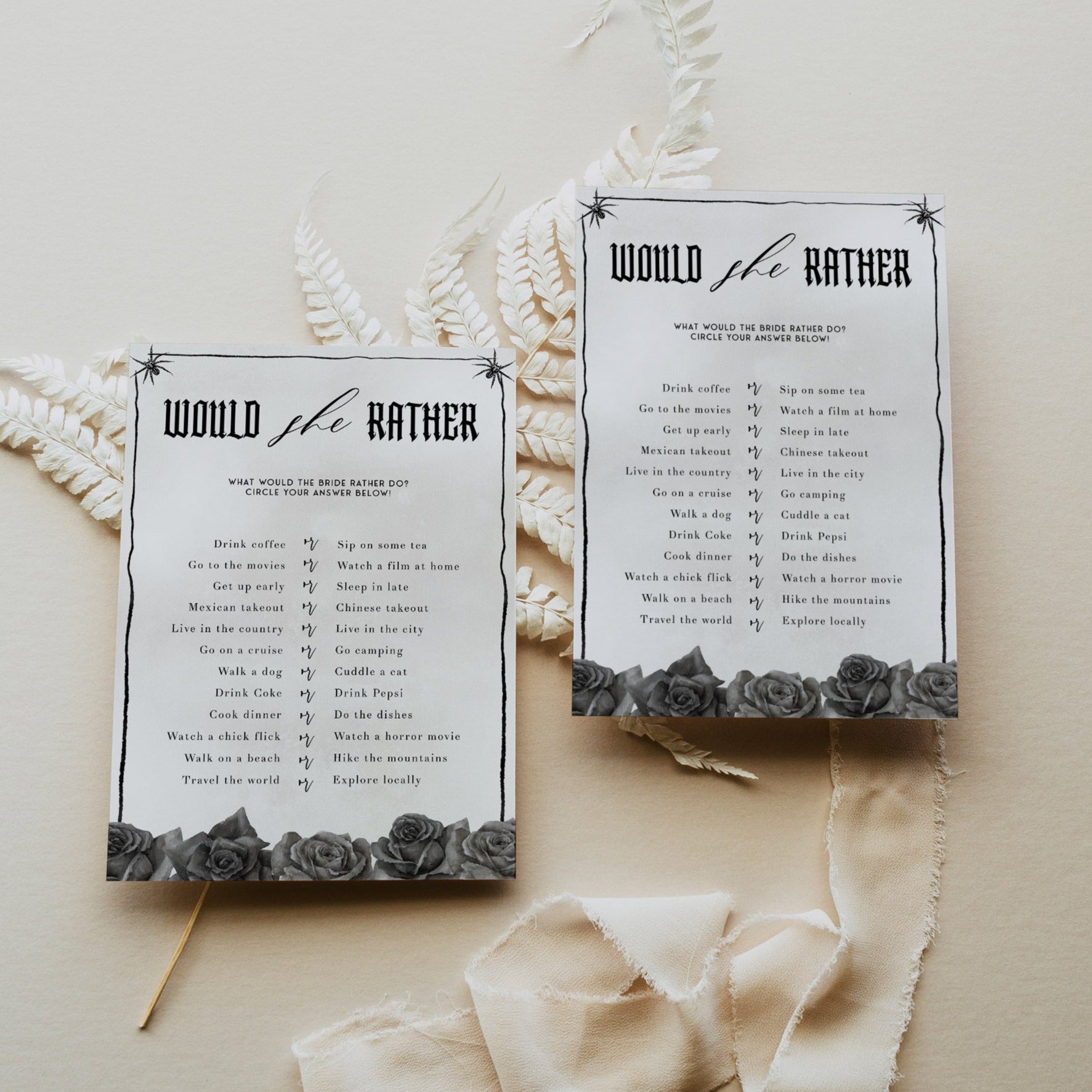 Fully editable and printable bridal shower would she rather game with a gothic design. Perfect for a Bride or Die or Death Us To Party bridal shower themed party