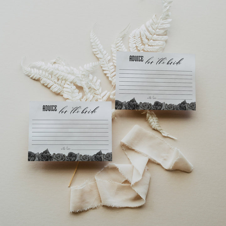 Fully editable and printable bridal shower advice for the bride game with a gothic design. Perfect for a Bride or Die or Death Us To Party bridal shower themed party