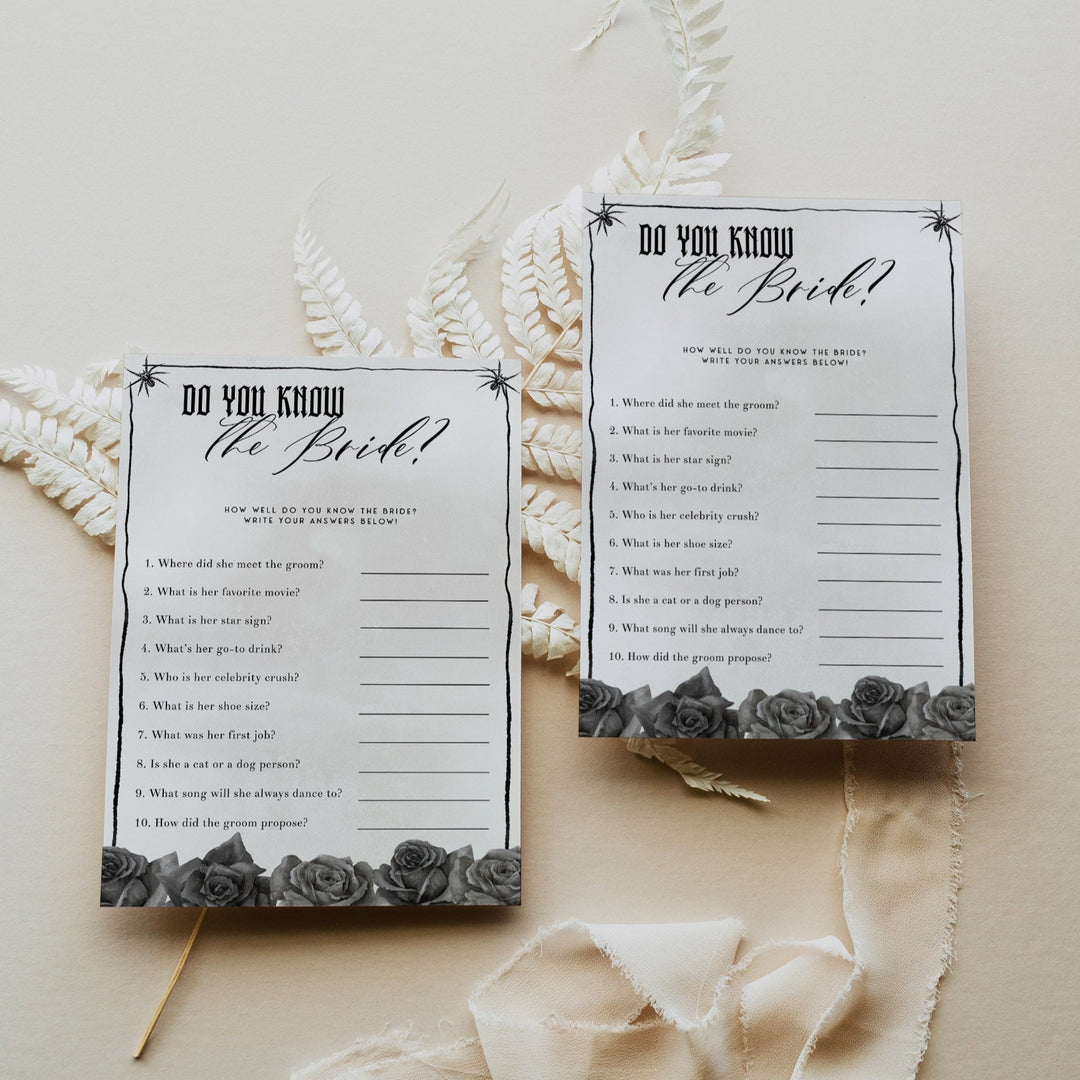 Fully editable and printable bridal shower do you know the bride game with a gothic design. Perfect for a Bride or Die or Death Us To Party bridal shower themed party