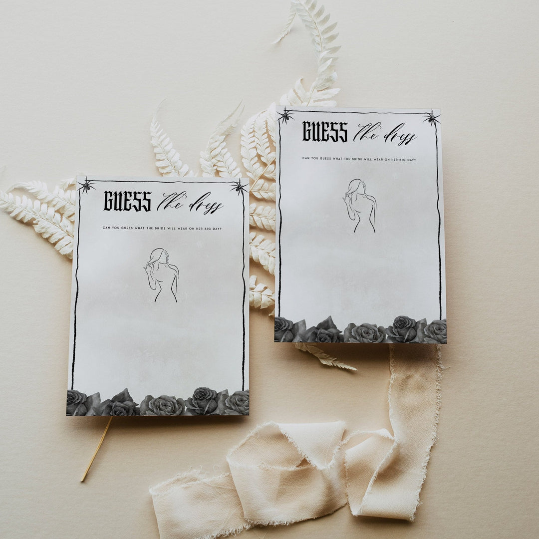 Fully editable and printable bridal shower guess the dress game with a gothic design. Perfect for a Bride or Die or Death Us To Party bridal shower themed party