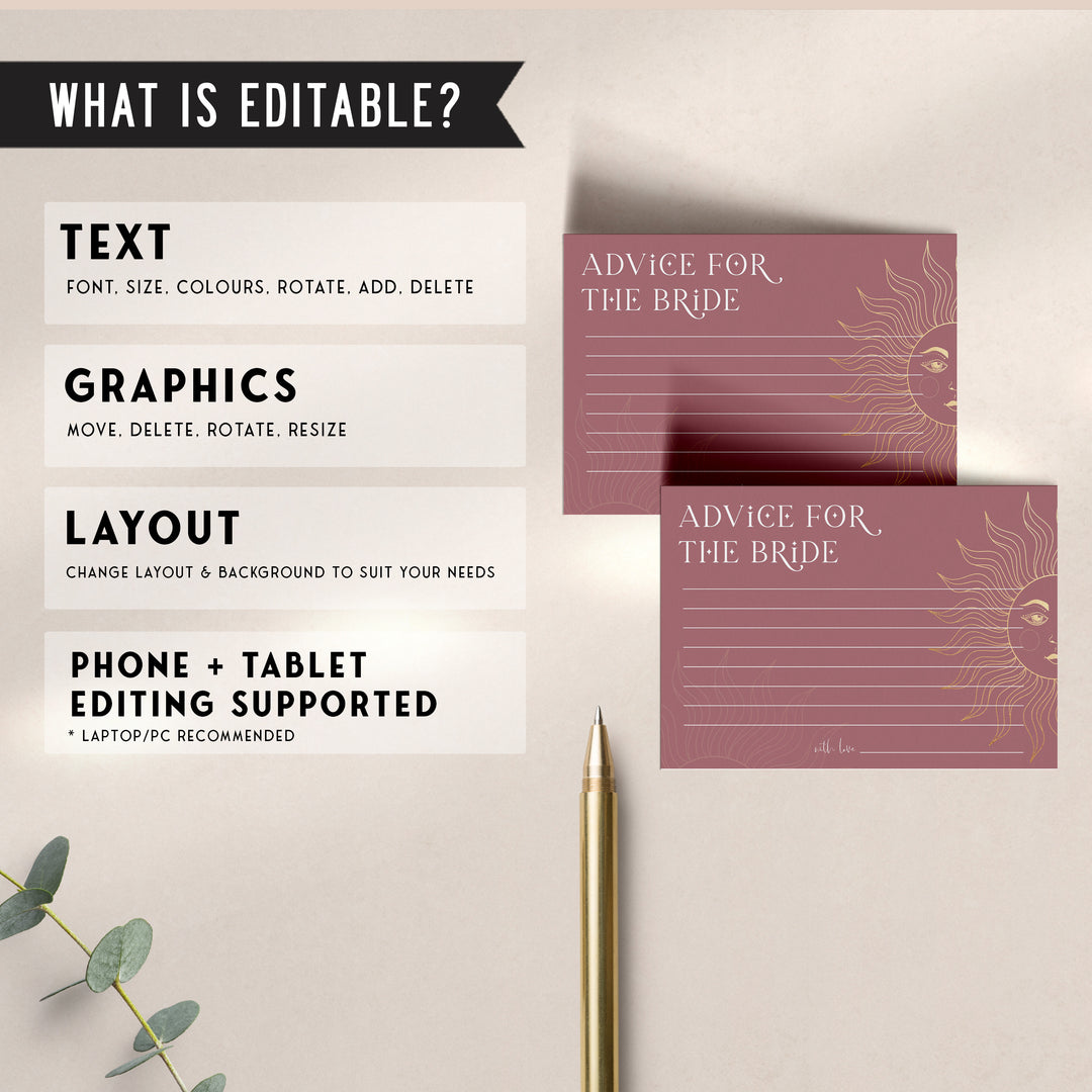 Fully editable and printable bridal shower advice for the bride game with a celestial design. Perfect for a celestial bridal shower themed party