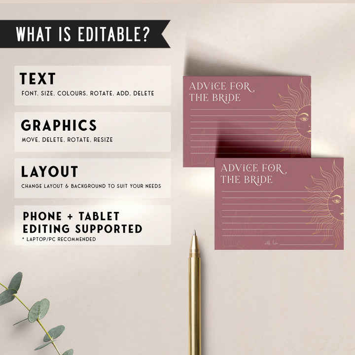 Fully editable and printable bridal shower advice for the bride game with a celestial design. Perfect for a celestial bridal shower themed party