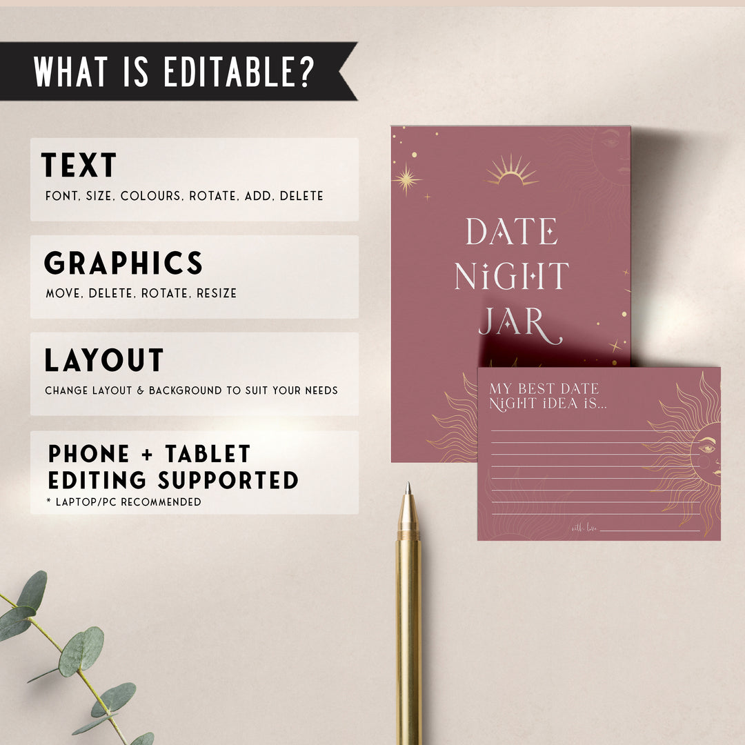 Fully editable and printable bridal shower date night jar game with a celestial design. Perfect for a celestial bridal shower themed party