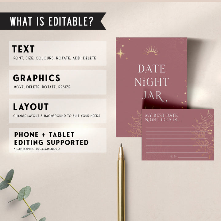 Fully editable and printable bridal shower date night jar game with a celestial design. Perfect for a celestial bridal shower themed party