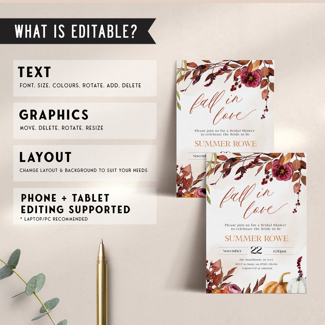 Fully editable and printable bridal shower invitation with a Fall design. Perfect for a fall floral bridal shower