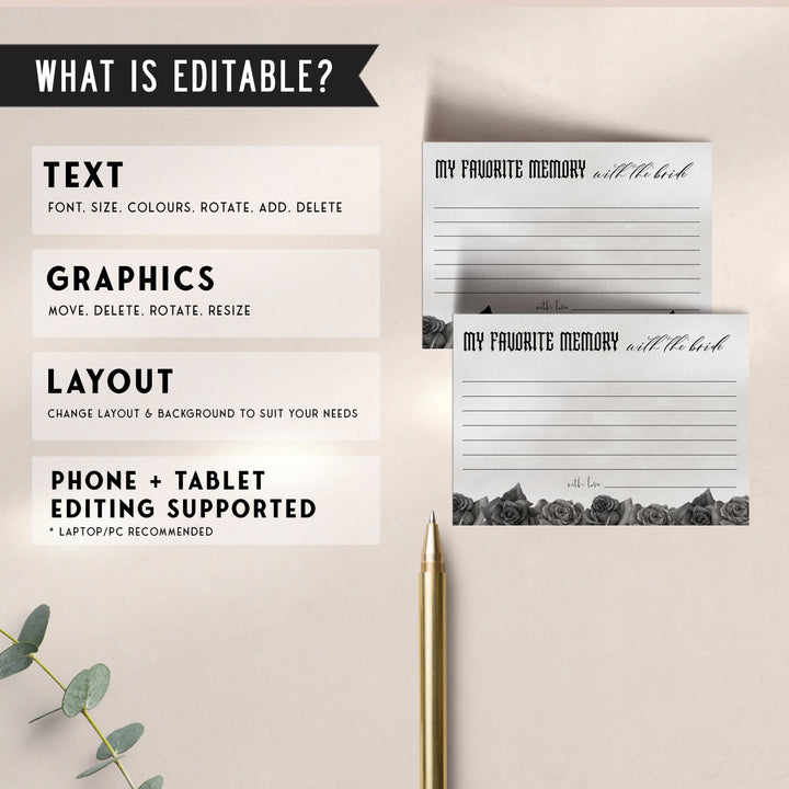 Fully editable and printable bridal shower favorite memory with the bride with a gothic design. Perfect for a Bride or Die or Death Us To Party bridal shower themed party