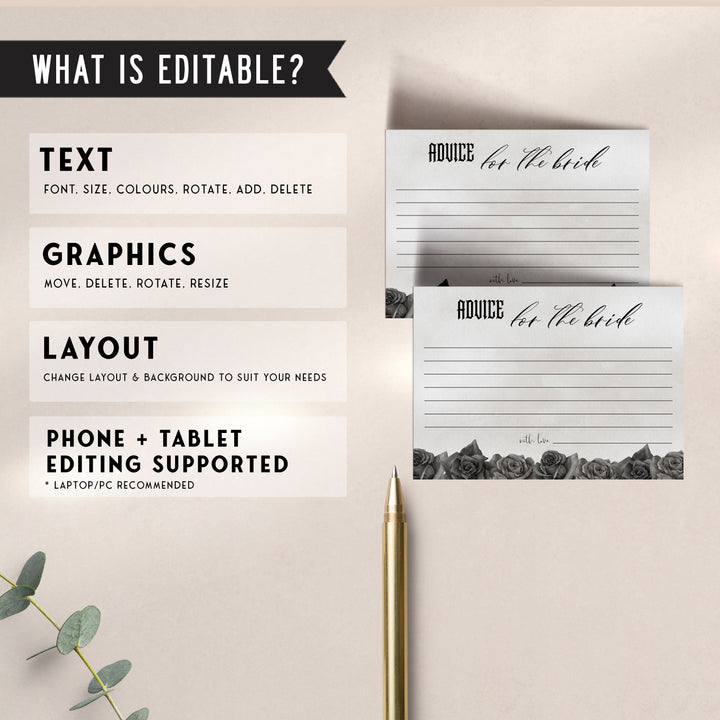 Fully editable and printable bridal shower advice for the bride game with a gothic design. Perfect for a Bride or Die or Death Us To Party bridal shower themed party