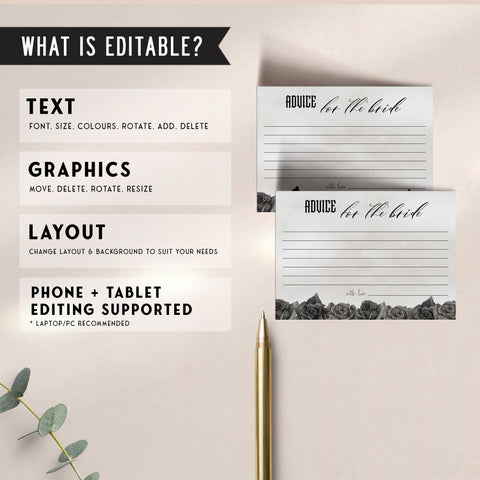 Fully editable and printable bridal shower advice for the bride game with a gothic design. Perfect for a Bride or Die or Death Us To Party bridal shower themed party