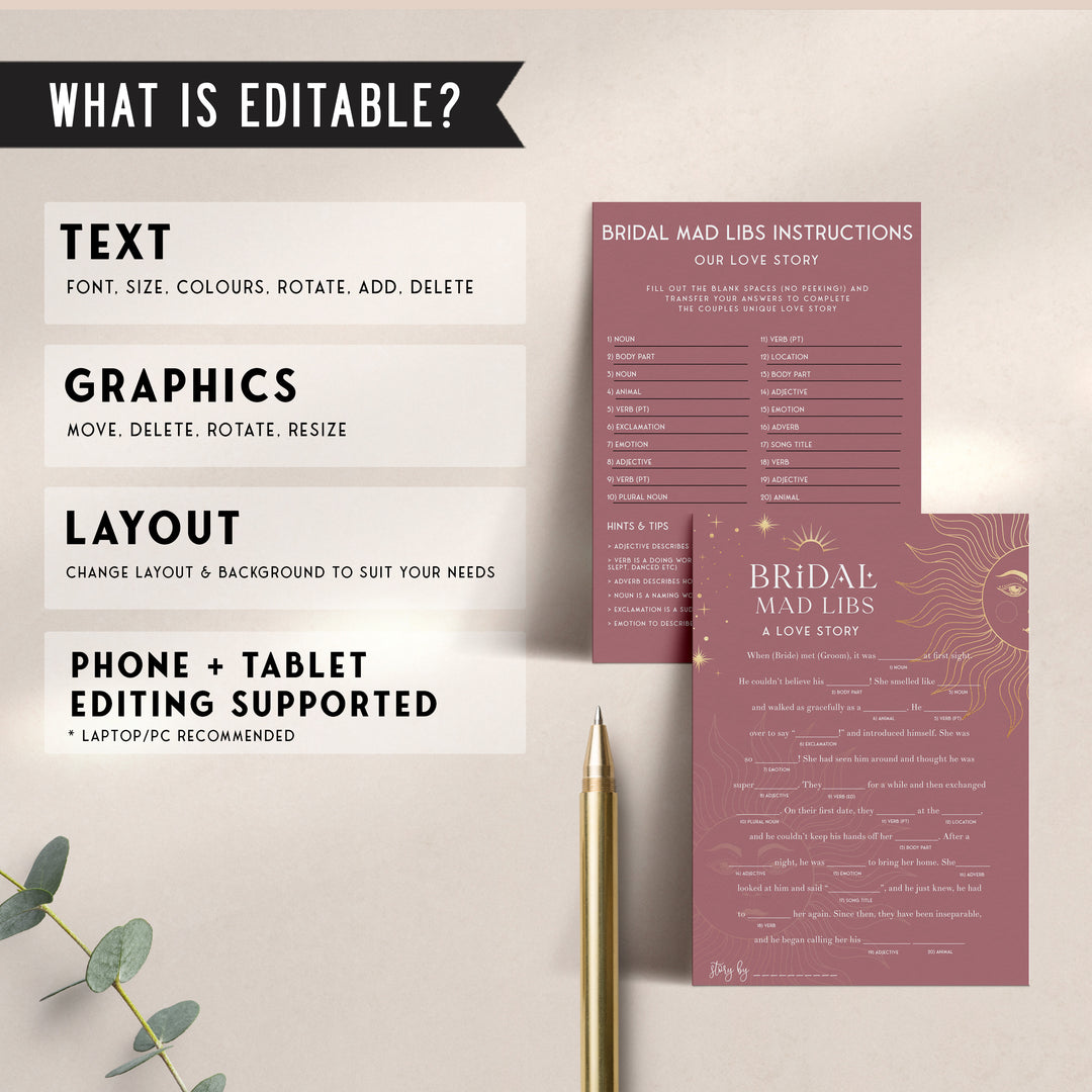 Fully editable and printable bridal shower mad libs game with a celestial design. Perfect for a celestial bridal shower themed party