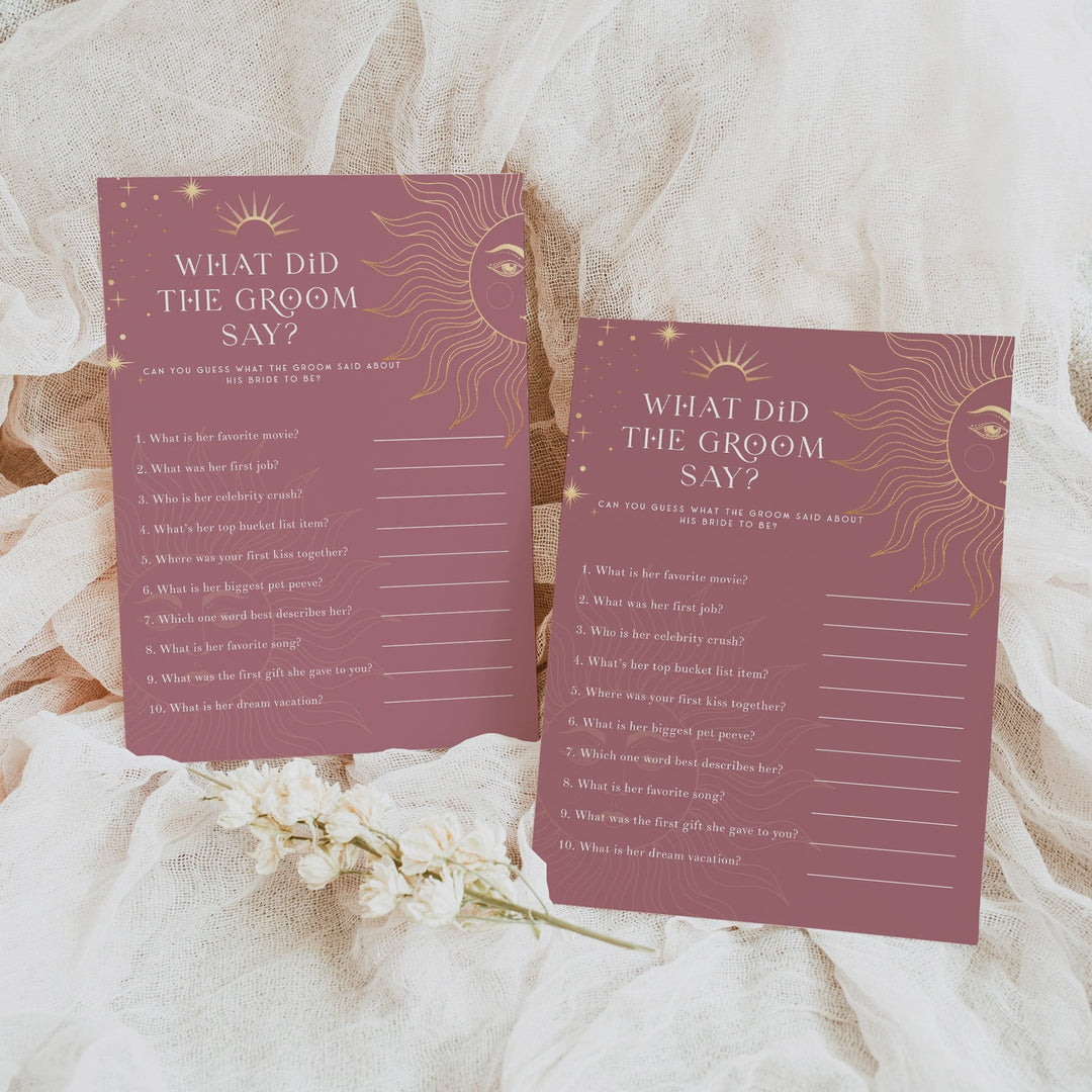 Fully editable and printable bridal shower what did the groom say game with a celestial design. Perfect for a celestial bridal shower themed party