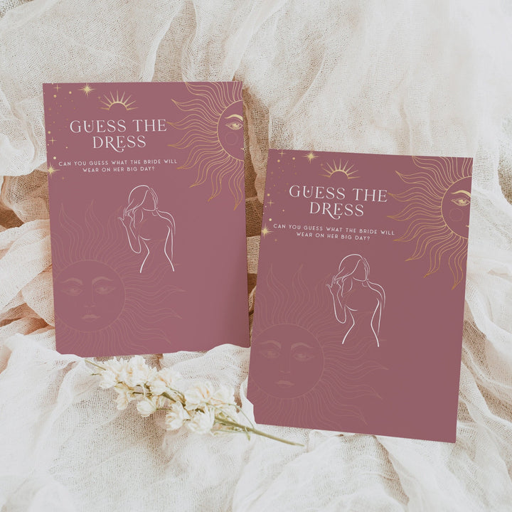 Fully editable and printable bridal shower guess the dress bride game with a celestial design. Perfect for a celestial bridal shower themed party