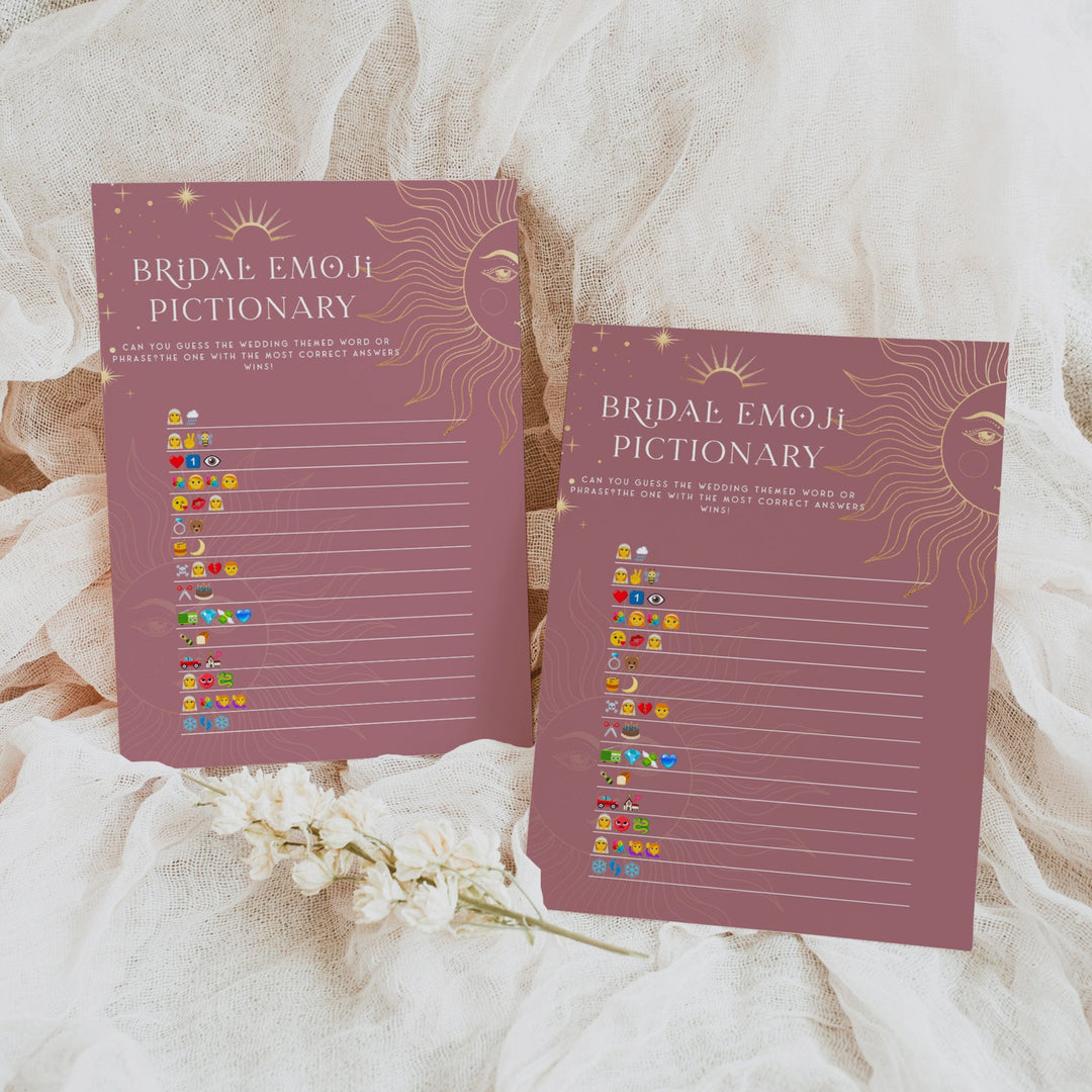 Fully editable and printable bridal shower emoji pictionary game with a celestial design. Perfect for a celestial bridal shower themed party