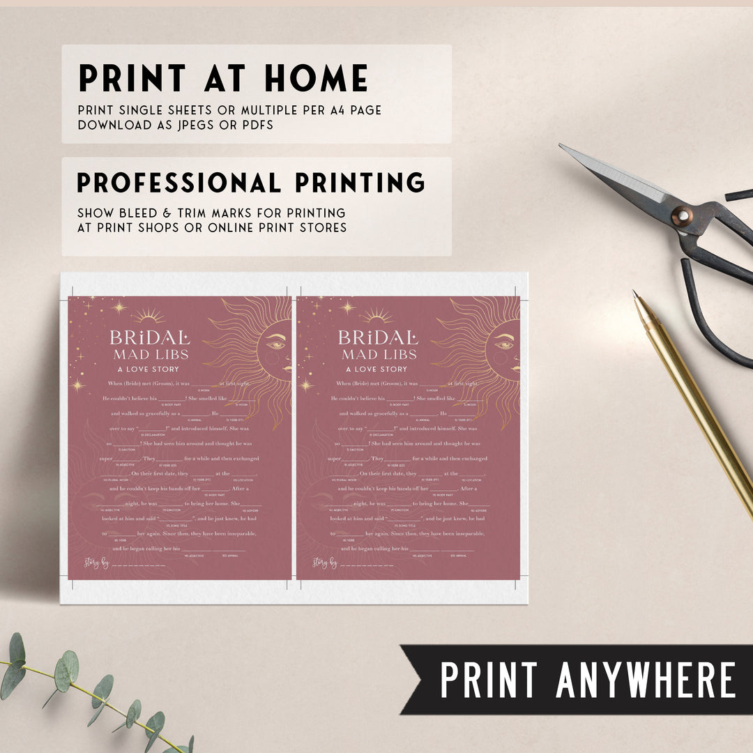 Fully editable and printable bridal shower mad libs game with a celestial design. Perfect for a celestial bridal shower themed party