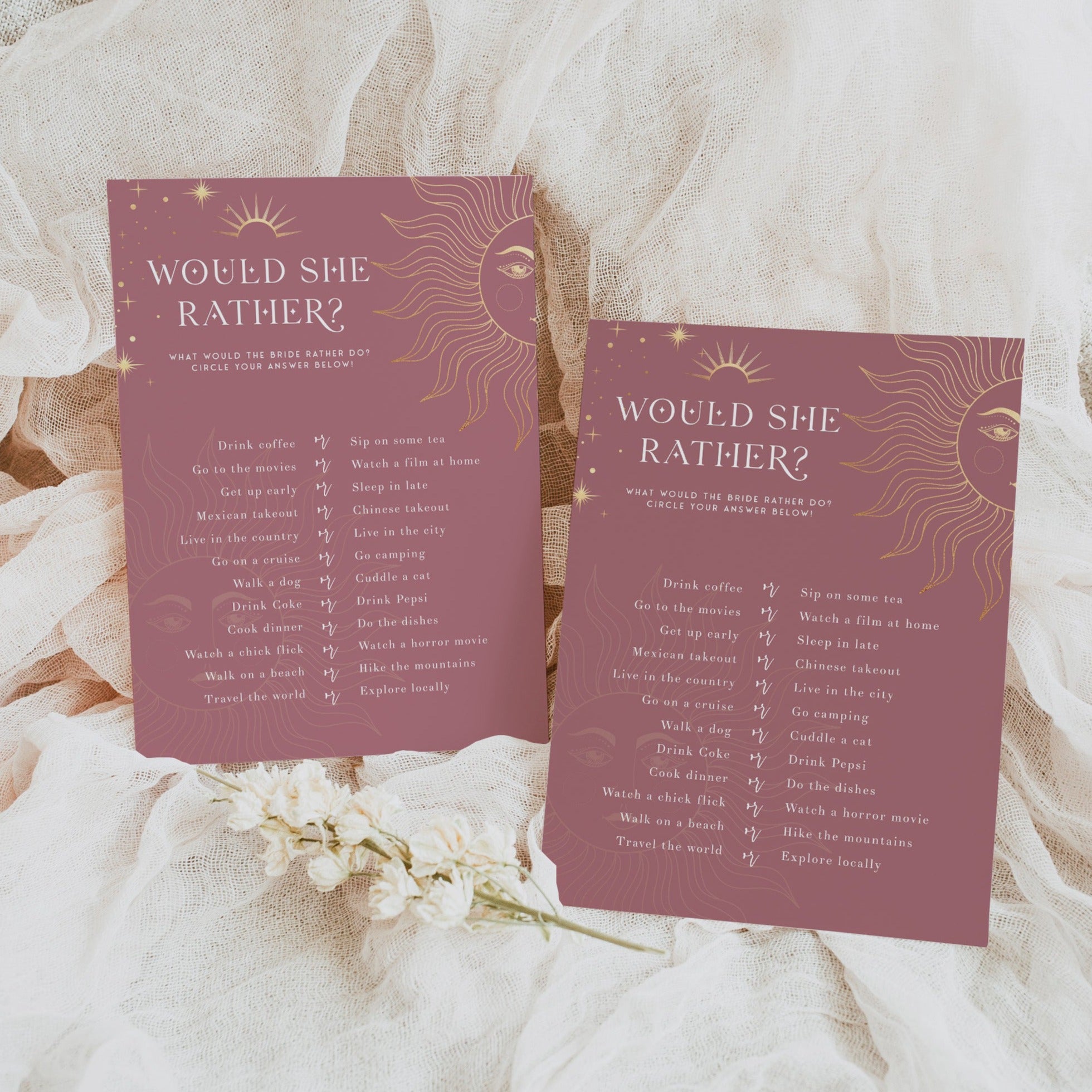 Fully editable and printable bridal shower would she rather game with a celestial design. Perfect for a celestial bridal shower themed party