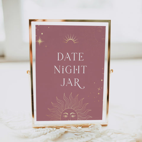 Fully editable and printable bridal shower date night jar game with a celestial design. Perfect for a celestial bridal shower themed party