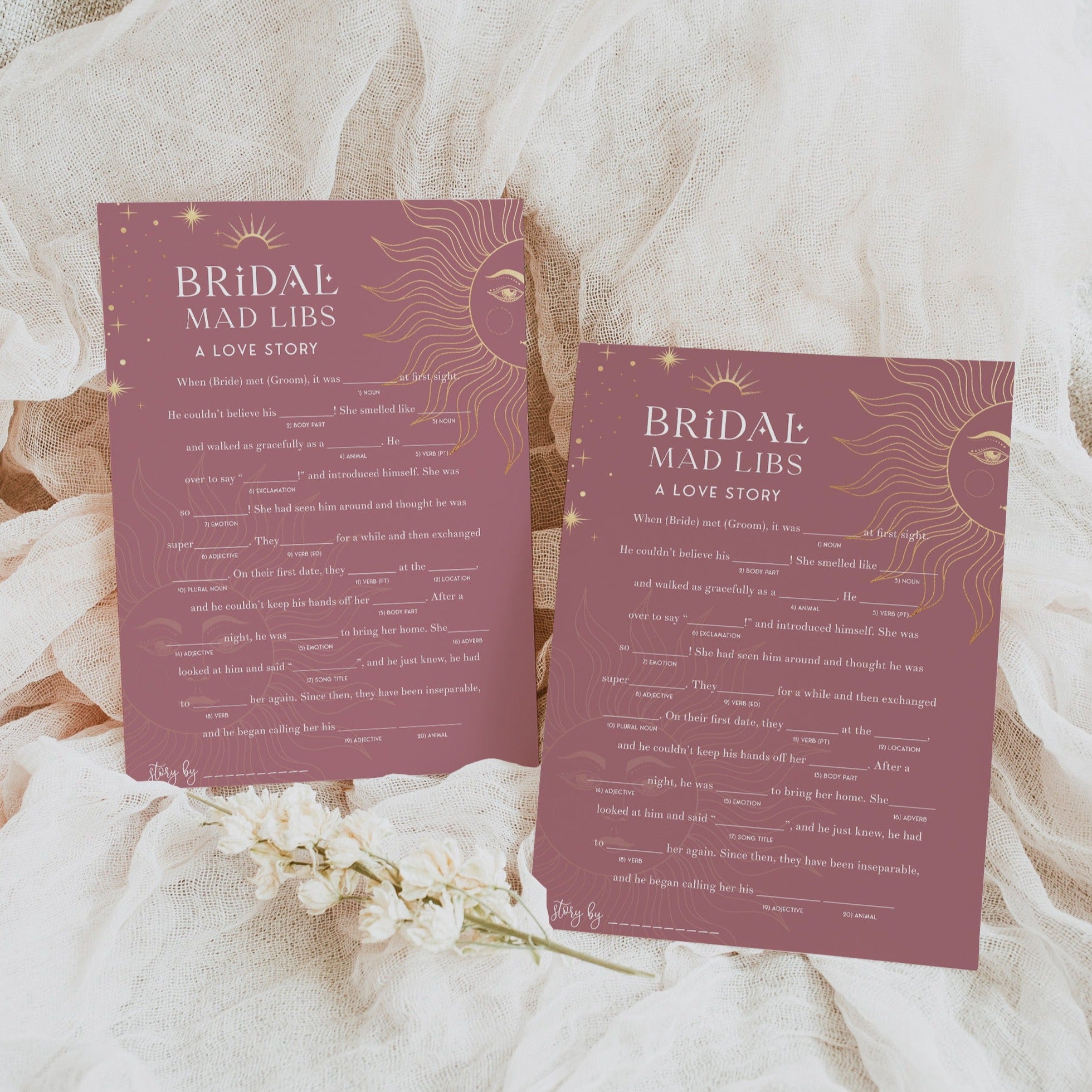 Fully editable and printable bridal shower mad libs game with a celestial design. Perfect for a celestial bridal shower themed party