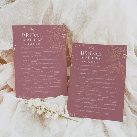 Fully editable and printable bridal shower mad libs game with a celestial design. Perfect for a celestial bridal shower themed party